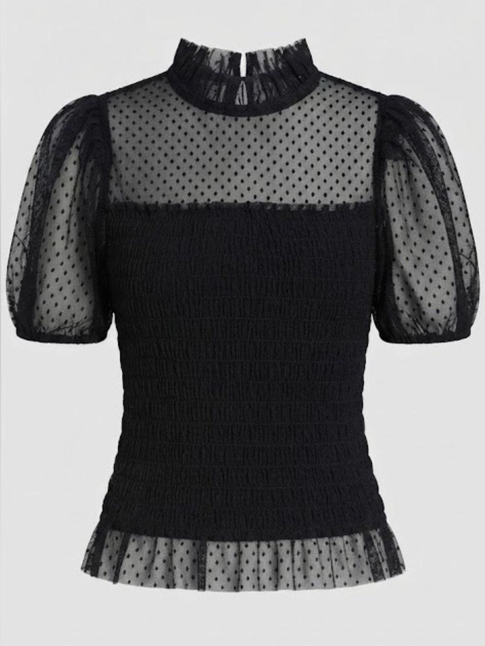 Windsor Black Sheer Dot Mesh Smocked Crop Top with Ruffle Trim